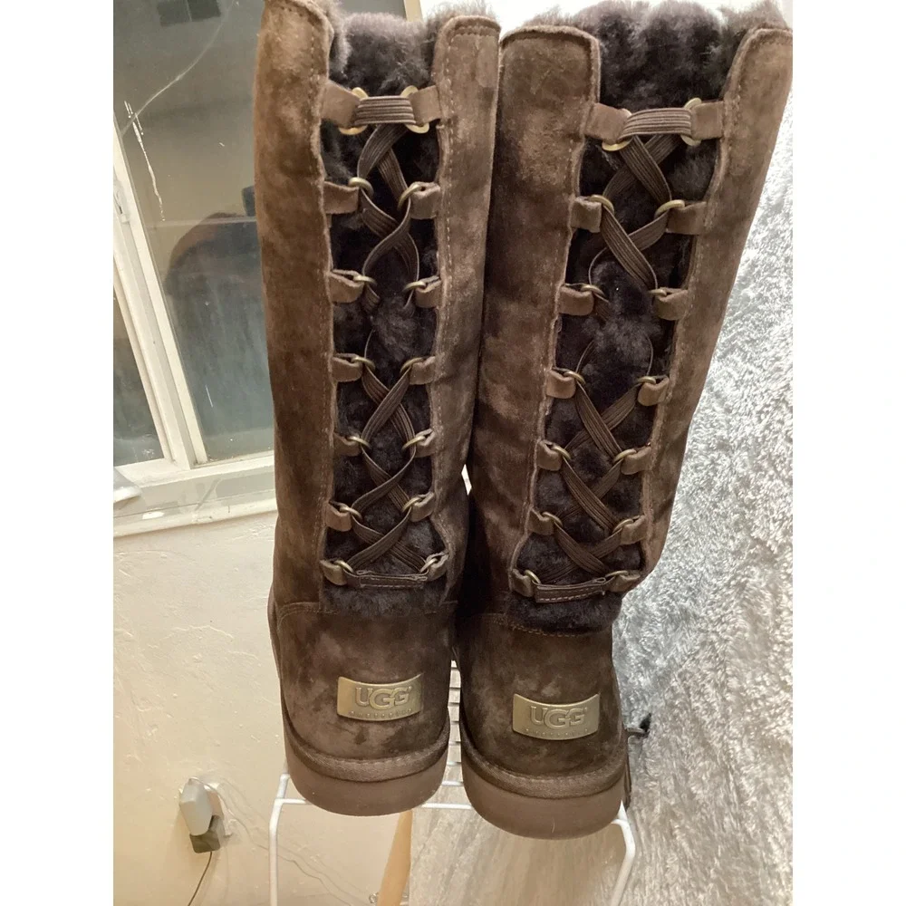 UGG Tall Suede Lace Up Back Boots Chocolate Brown Women's Size 7